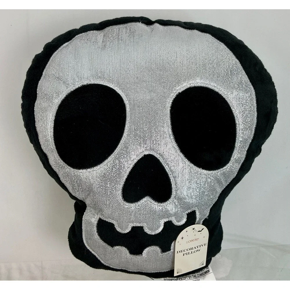 Halloween Decorative Pillow Set Witch Hat & Silver Skull Plush New Soft‎ & Comfy